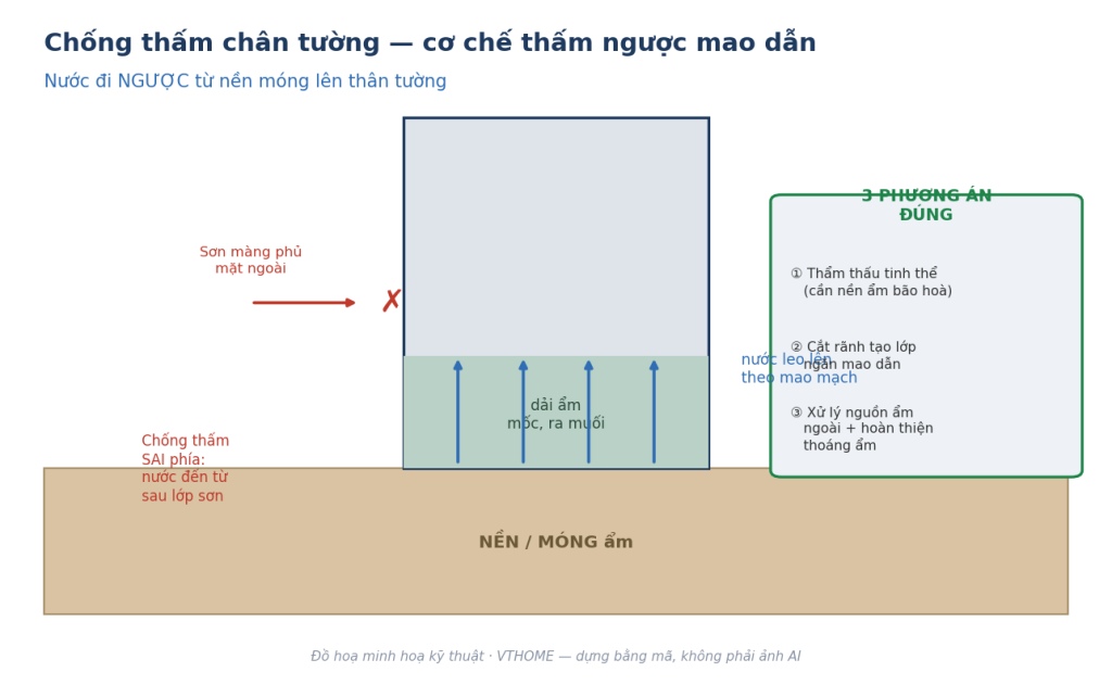 Sơ đồ cơ chế thấm ngược mao dẫn đưa nước từ nền móng lên chân tường và 3 phương án xử lý