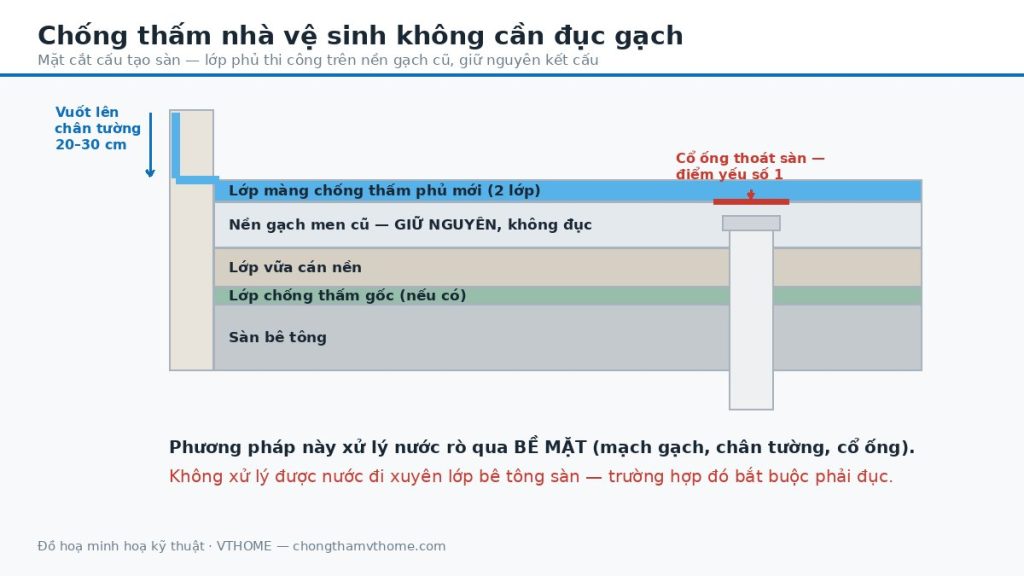 Mặt cắt cấu tạo sàn nhà vệ sinh — lớp màng chống thấm phủ trên nền gạch cũ, không cần đục