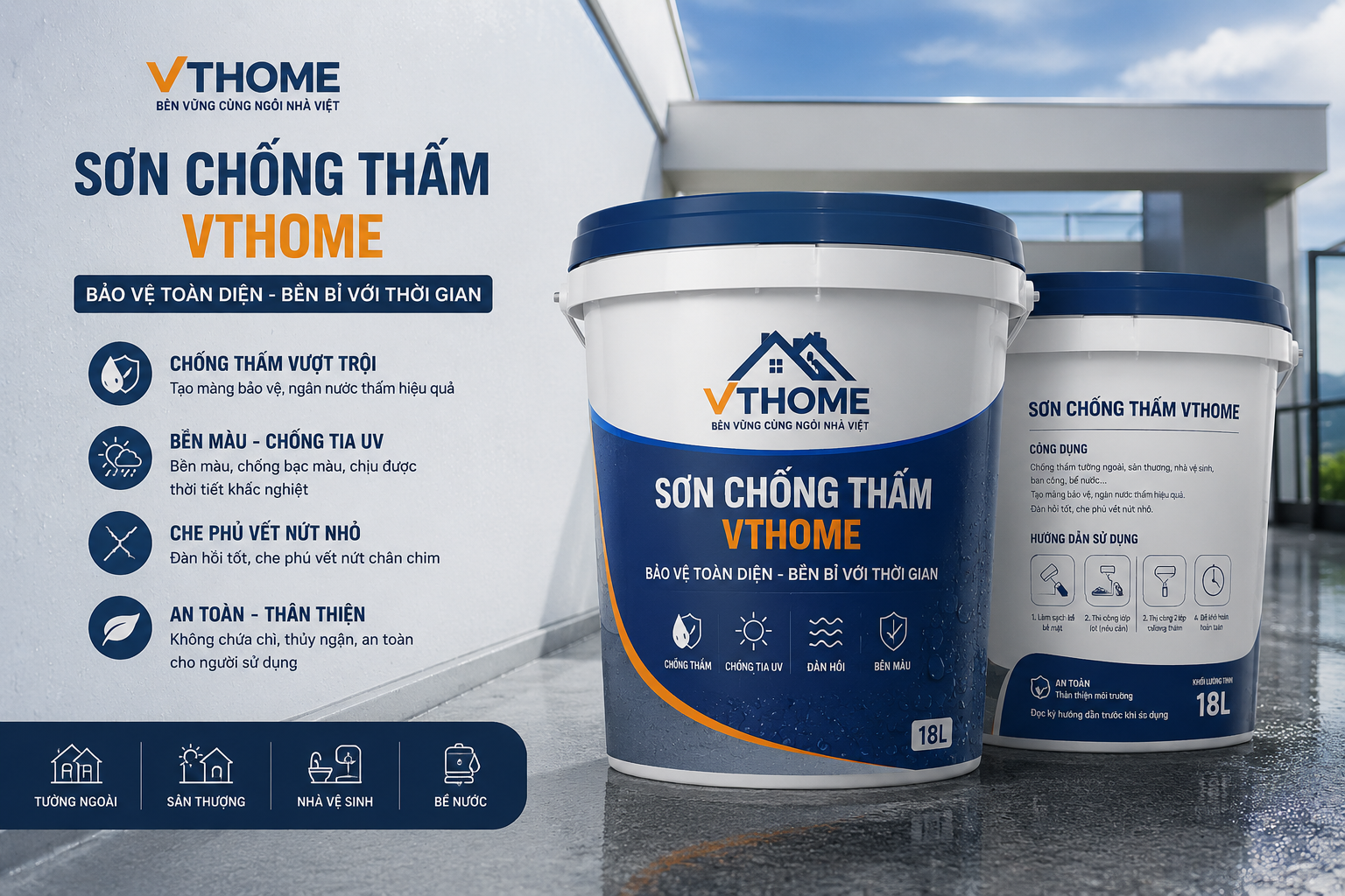 Sơn chống thấm VTHOME bảo vệ tường ngoài trời, sân thượng và nhà vệ sinh khỏi thấm dột.