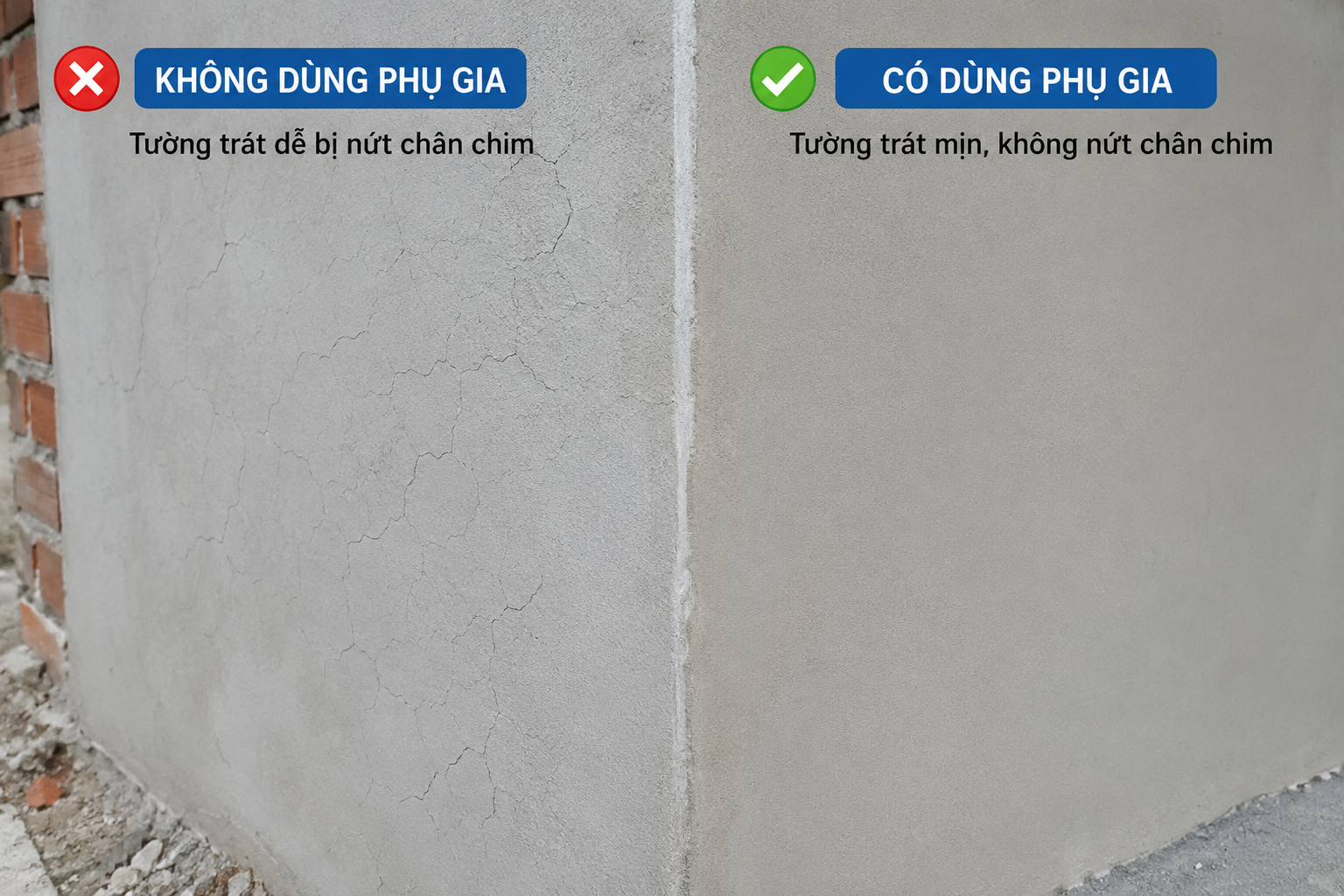 So sánh tường trát có dùng và không dùng phụ gia VTHOME, hạn chế nứt chân chim hiệu quả.