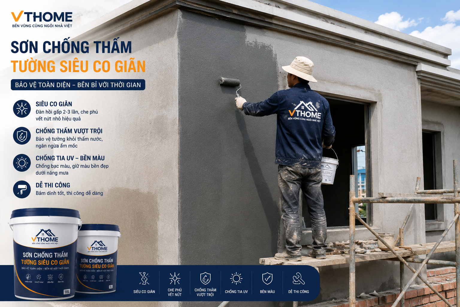 Công nhân thi công sơn chống thấm tường siêu co giãn VTHOME cho mặt ngoài công trình.