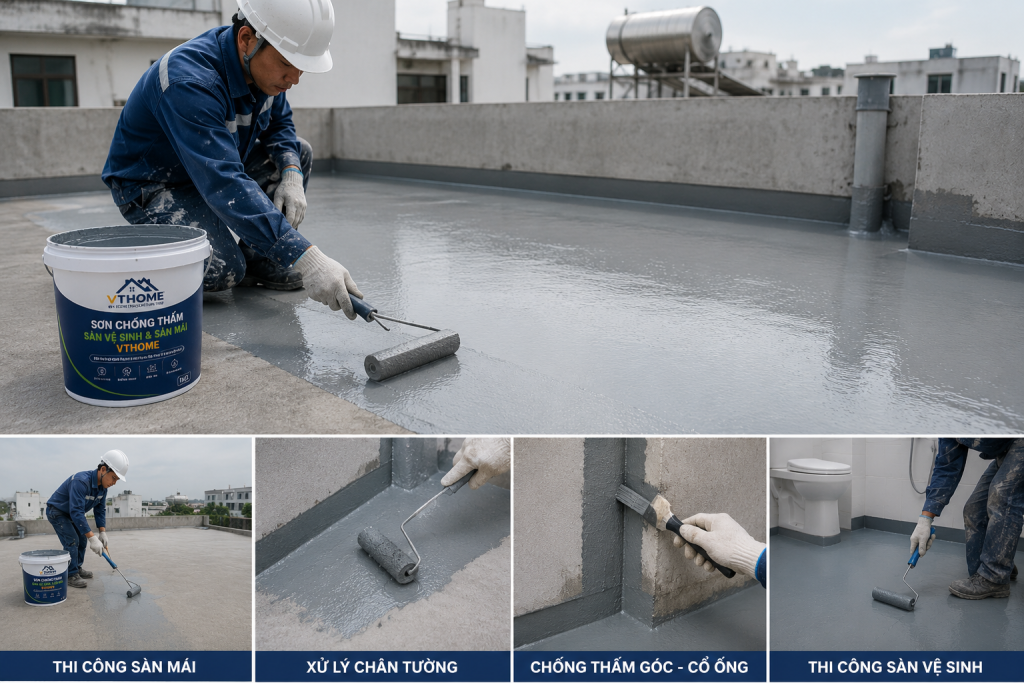 Thợ VTHOME thi công chống thấm nhà vệ sinh, quét lớp chống thấm sàn mái và sàn vệ sinh