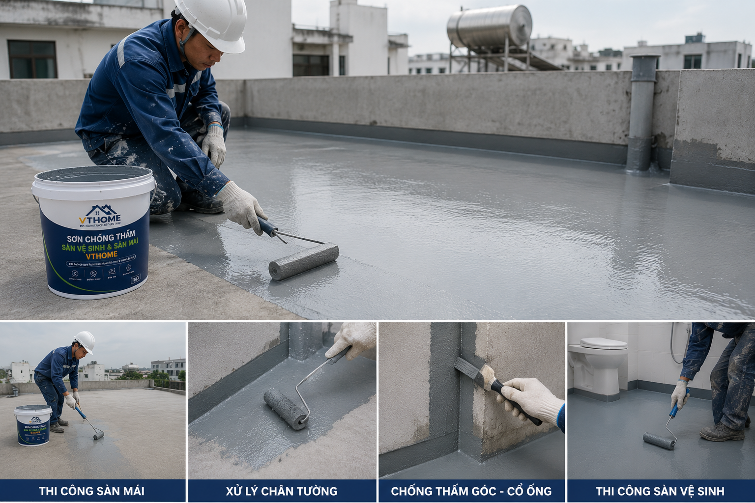 Thi công chống thấm sàn mái và sàn vệ sinh bằng sơn chống thấm VTHOME.