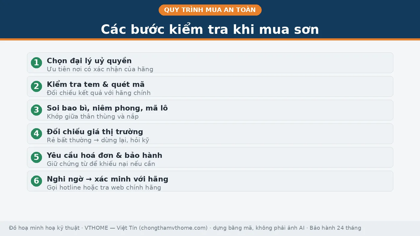 Quy trình sáu bước kiểm tra khi mua sơn để tránh hàng giả: chọn đại lý uỷ quyền, quét mã, soi bao bì, đối chiếu giá, lấy hoá đơn, xác minh với hãng
