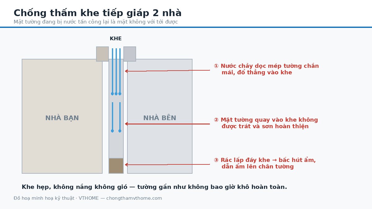 Mặt cắt khe tiếp giáp hai nhà phố liền kề với ba nguồn gây thấm vào tường