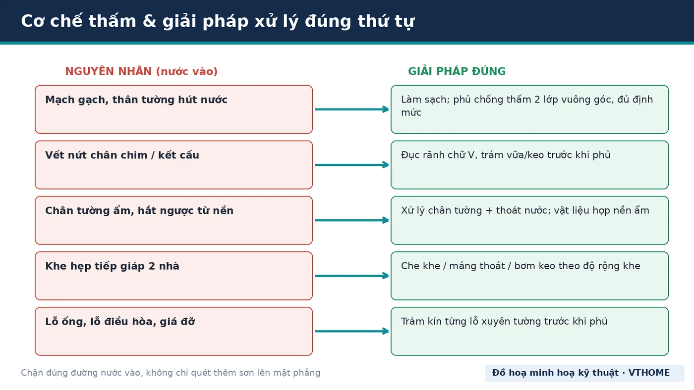 Chống thấm tường ngoài trời nhà phố: vì sao thấm và cách xử lý đúng từ nguyên nhân Cơ chế nước mưa thấm qua tường ngoài và giải pháp xử lý
