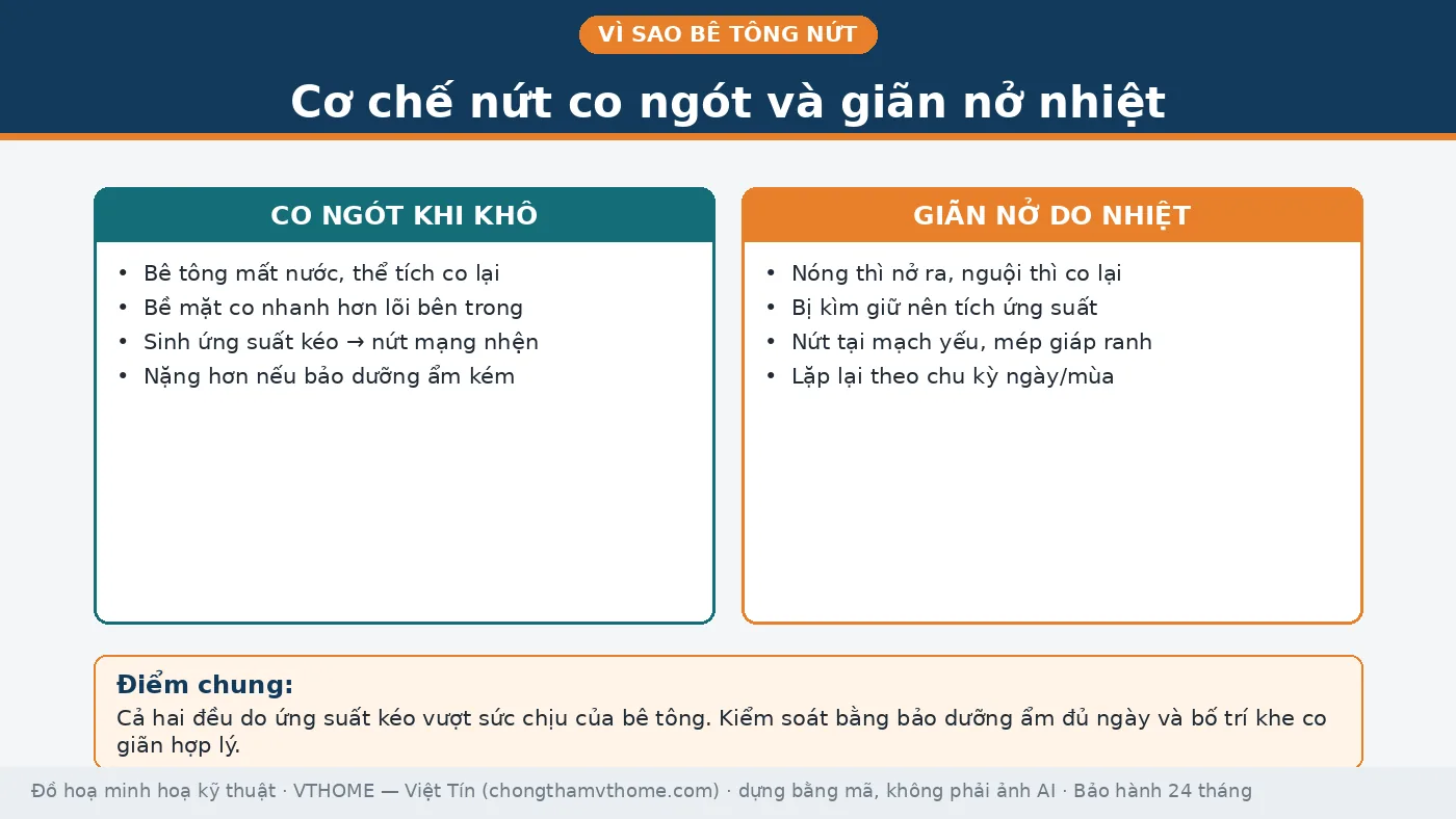 Sơ đồ cơ chế nứt bê tông: co ngót do mất nước khi đông cứng và giãn nở do chênh nhiệt ngày đêm ở mái sân thượng