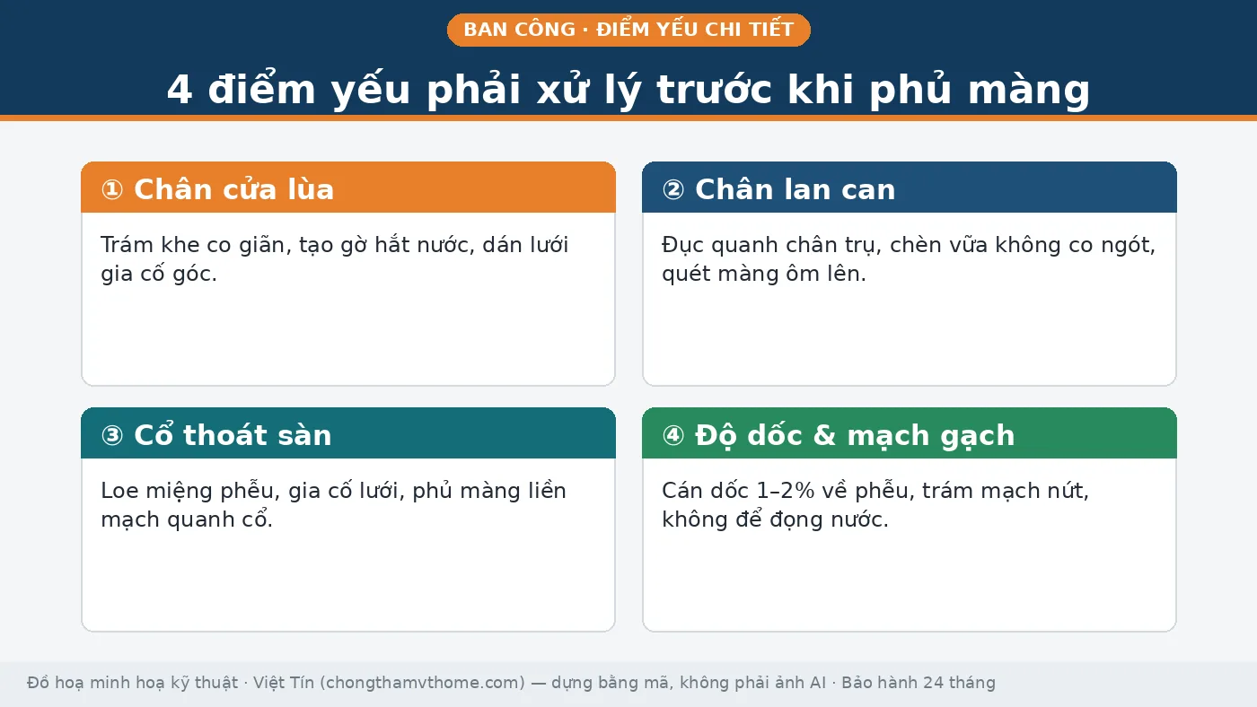 Bốn điểm yếu ở ban công logia cần xử lý trước khi phủ màng chống thấm: chân cửa lùa, chân lan can, cổ thoát sàn và độ dốc mạch gạch