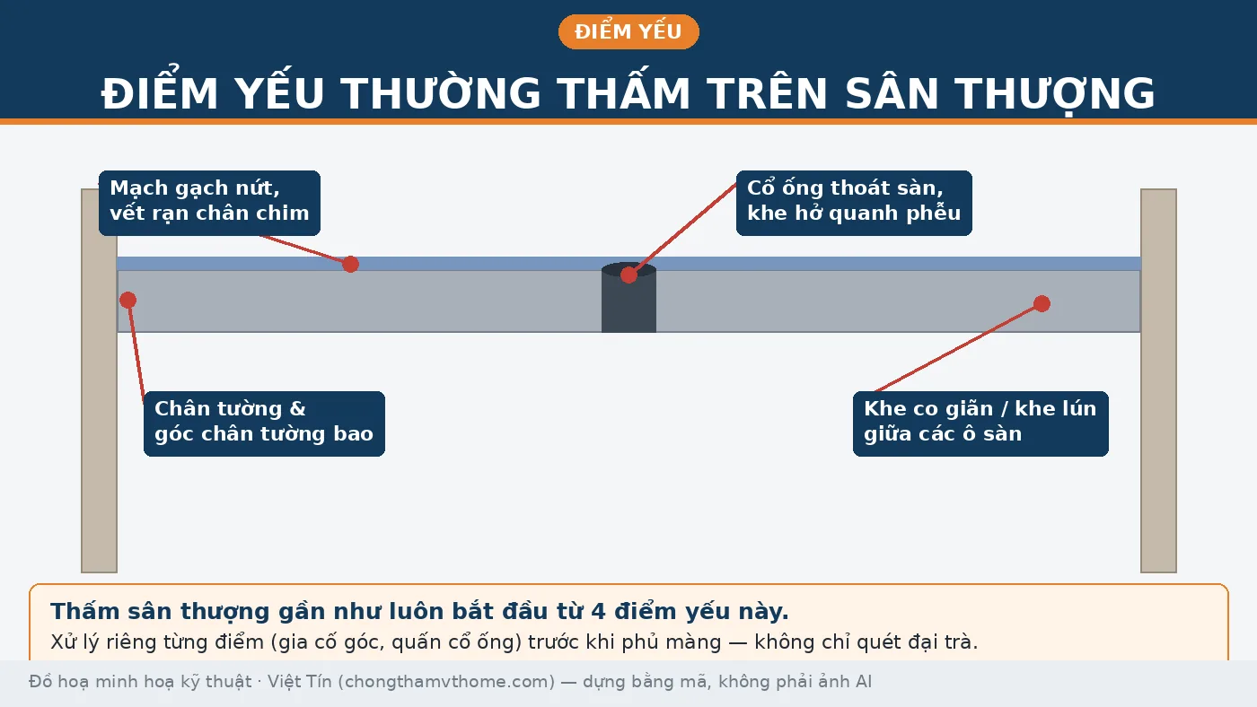 Các điểm yếu thường thấm trên sân thượng: cổ ống thoát sàn, chân tường, khe co giãn, mạch gạch nứt