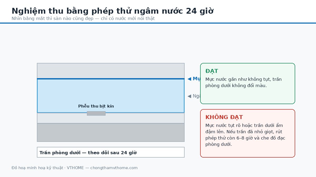 Nghiệm thu chống thấm nhà vệ sinh bằng phép thử ngâm nước 24 giờ có đánh dấu mực nước