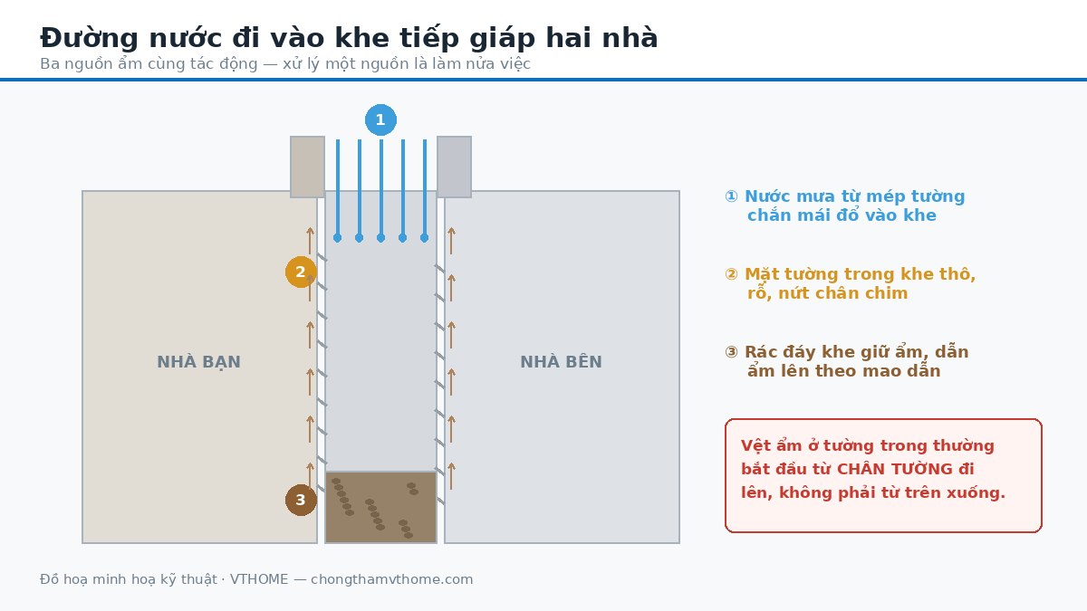 Sơ đồ đường nước đi vào khe tiếp giáp hai nhà từ mép tường chắn mái xuống chân tường
