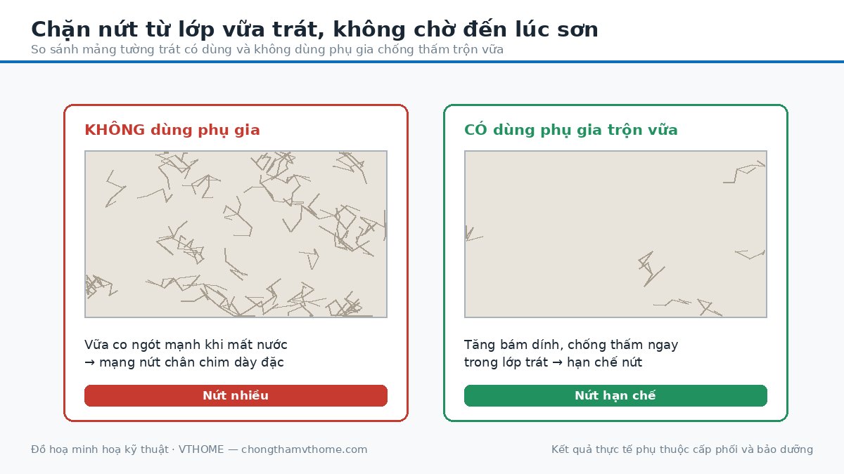 So sánh mảng tường trát có dùng và không dùng phụ gia trộn vữa chống nứt chân chim