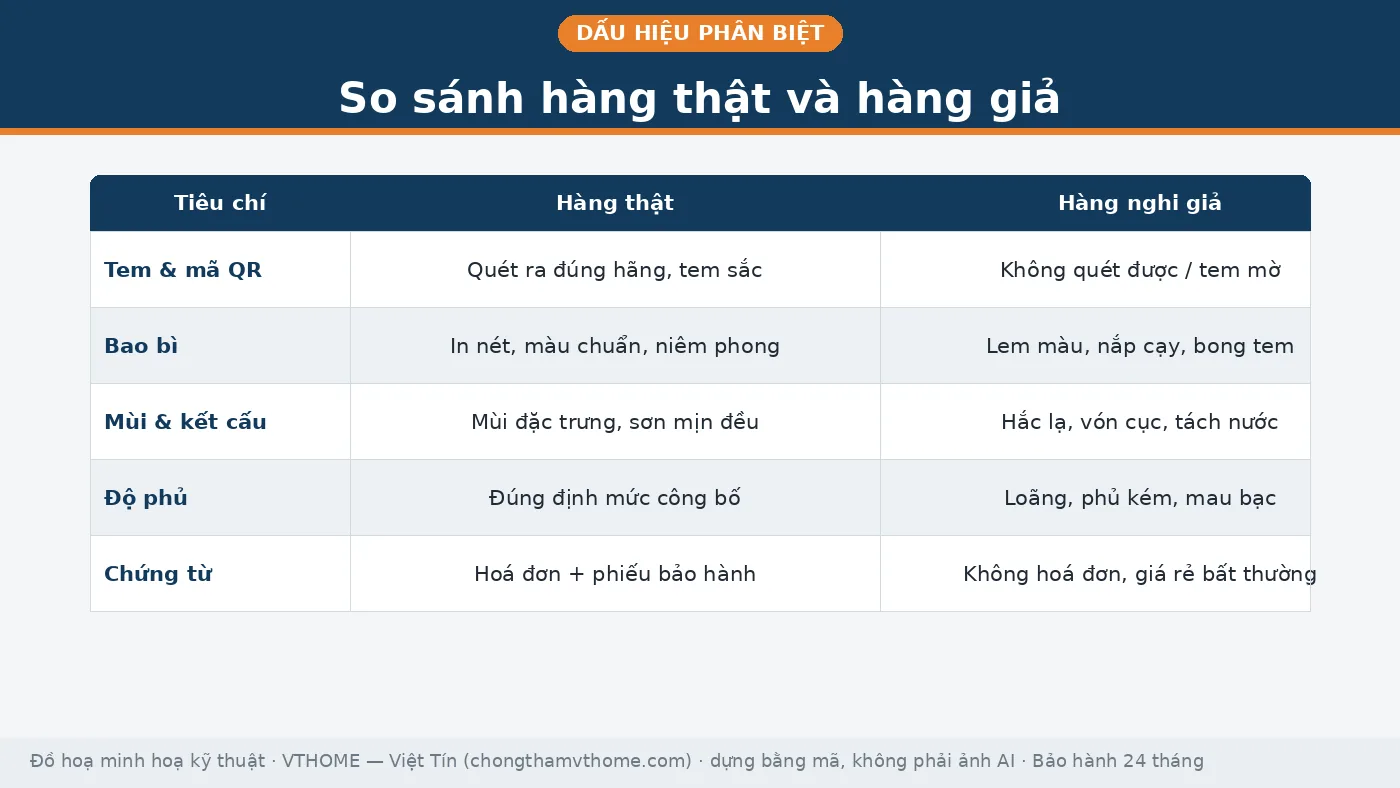 Bảng so sánh sơn thật và sơn nghi giả theo tem mã tra cứu, bao bì, niêm phong, số lô hạn dùng và mùi độ phủ