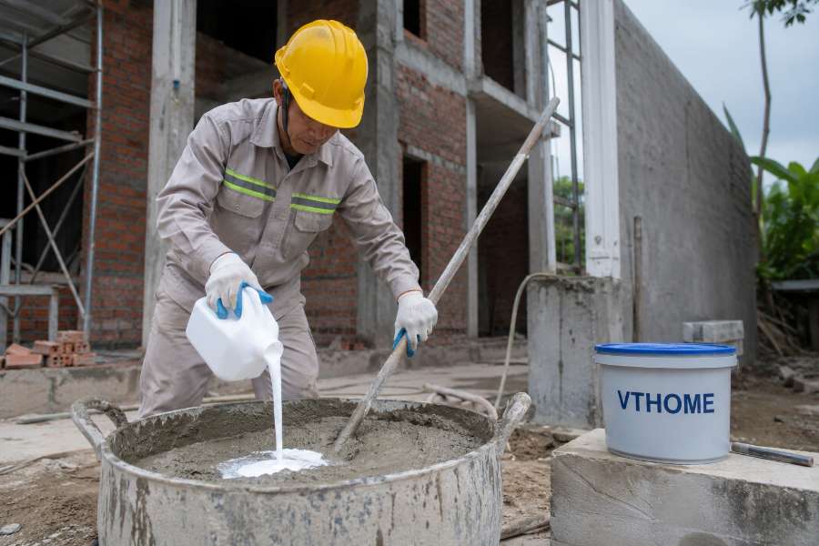 Thợ trộn phụ gia chống thấm VTHOME vào mẻ vữa trát tại công trường xây nhà