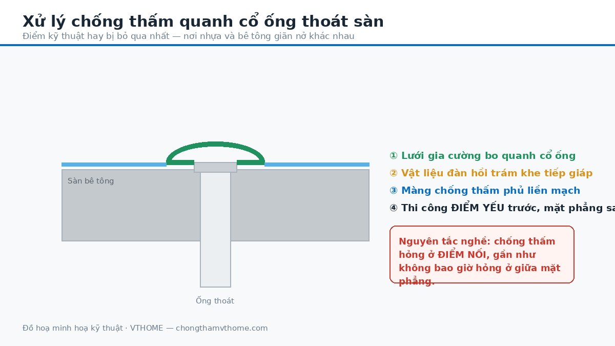 Cận cảnh xử lý chống thấm quanh cổ ống thoát sàn nhà vệ sinh trước khi phủ lớp hoàn thiện