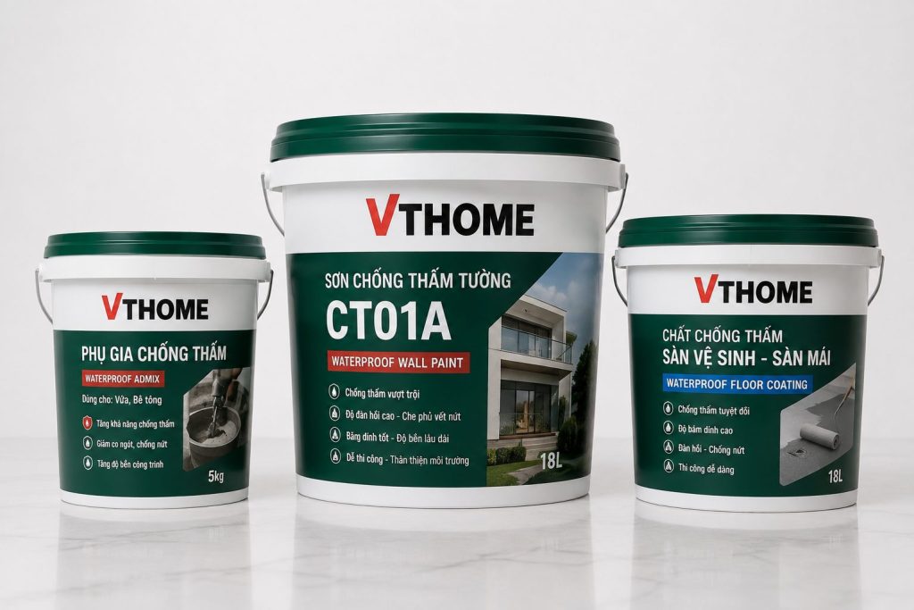 Chống thấm VTHOME loại nào tốt? Cách chọn đúng loại theo từng vị trí Bộ sản phẩm chống thấm VTHOME: phụ gia, sơn tường co giãn và chất chống thấm sàn