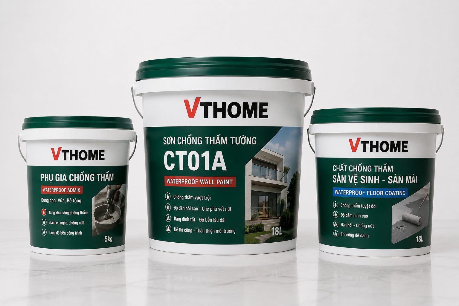 Bộ sản phẩm chống thấm VTHOME: phụ gia, sơn chống thấm tường CT01A, chất chống thấm sàn mái