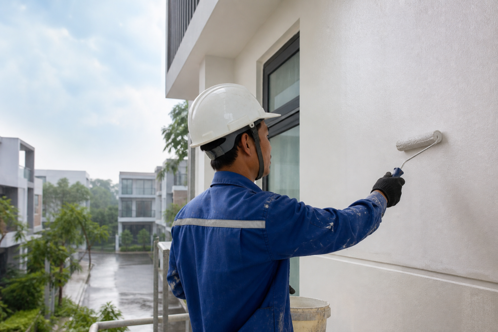 Thợ thi công sơn chống thấm cho tường ngoài nhà