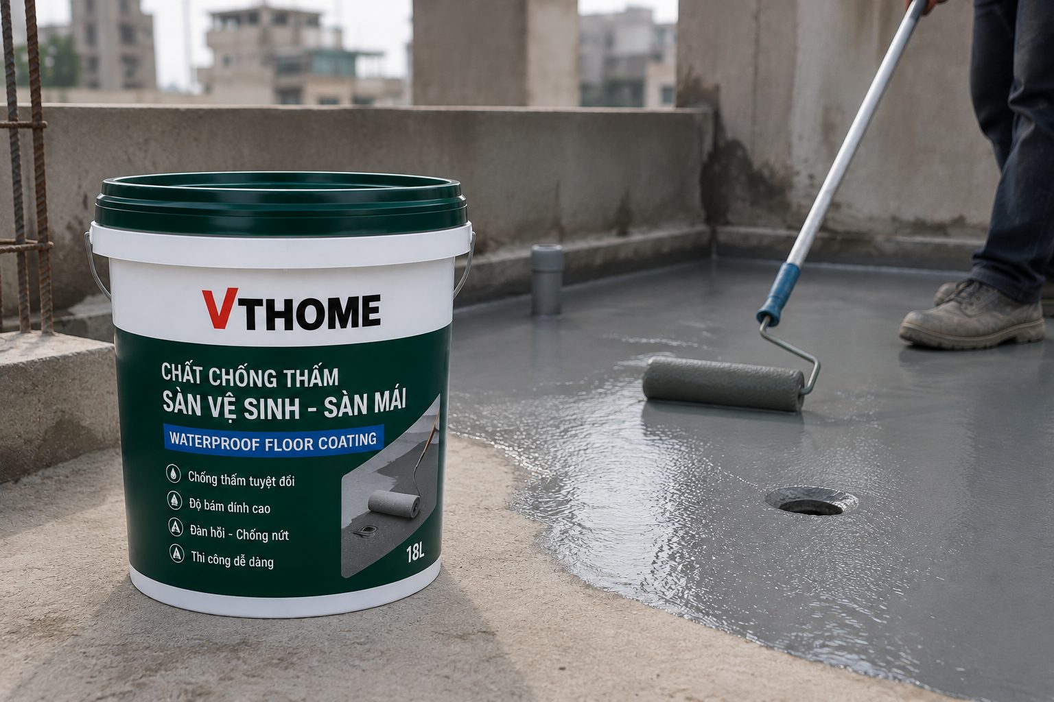 Thùng chất chống thấm sàn VTHOME thi công quét lên bề mặt bê tông