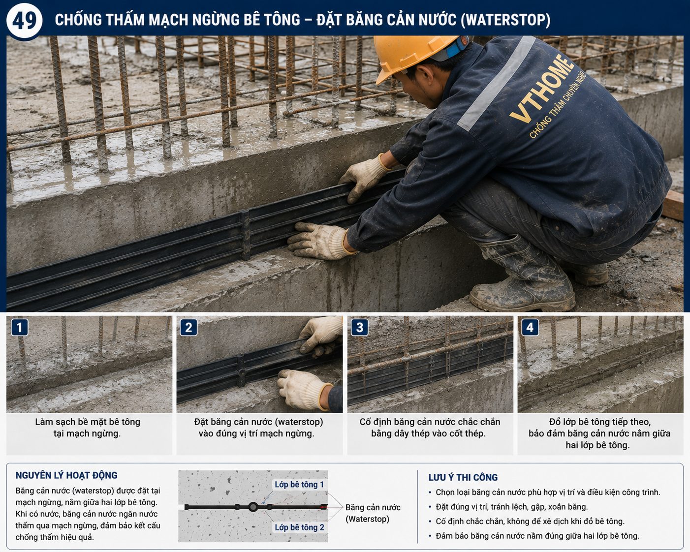 Xử lý mạch ngừng bê tông bằng băng cản nước, nguyên nhân thấm nước ngầm hố thang máy và bể nước ngầm