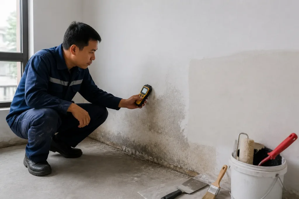 Kỹ thuật viên kiểm tra tường ẩm trước khi sơn nhà