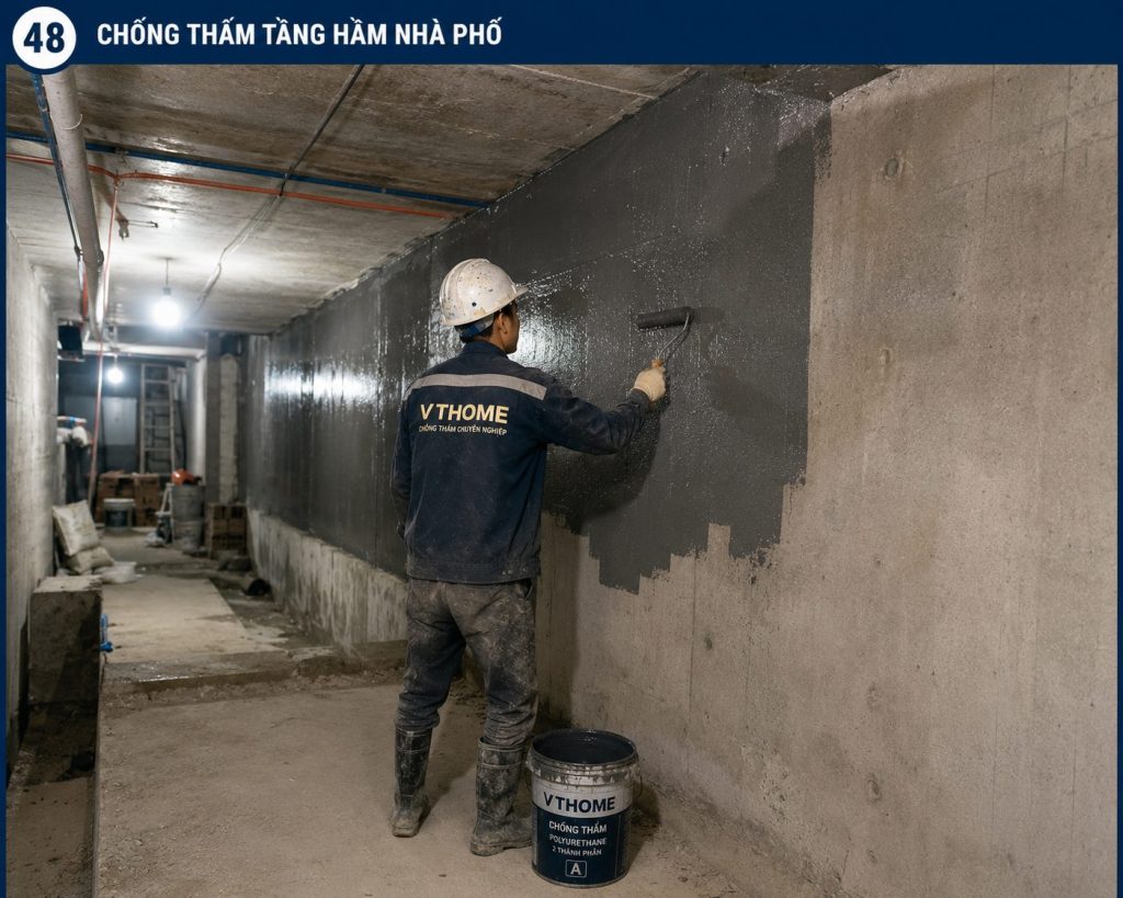 Thợ VTHOME thi công chống thấm tầng hầm nhà phố