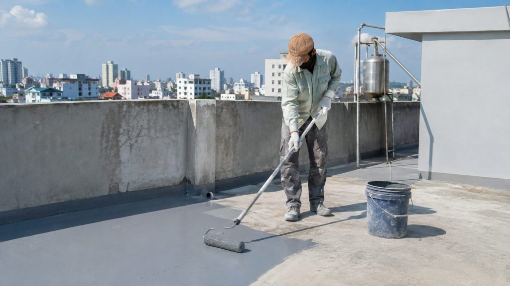 Thợ VTHOME quét màng chống thấm sân thượng