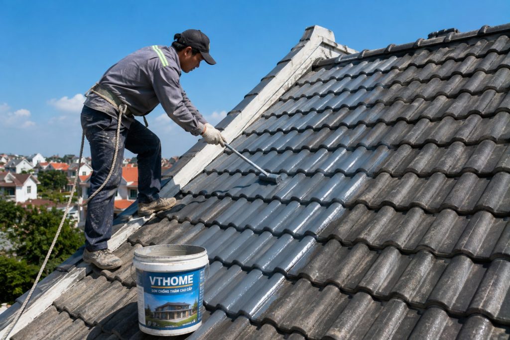 Thợ VTHOME xử lý chống thấm khe tiếp giáp trên mái ngói dốc