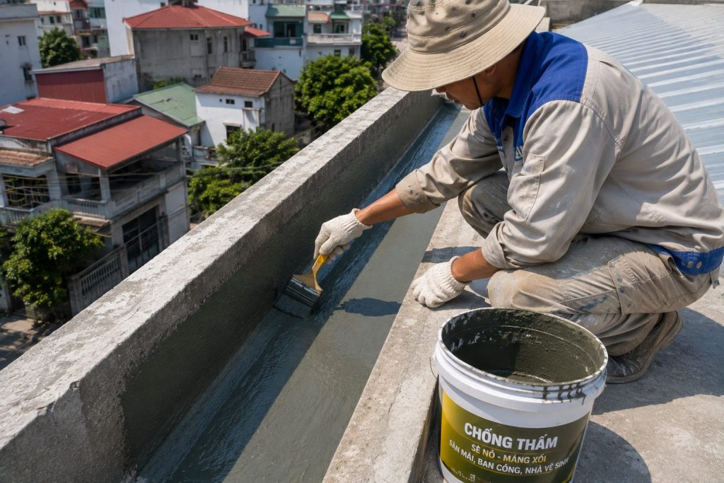Thợ quét lớp chống thấm trong lòng sê nô, máng xối sân thượng