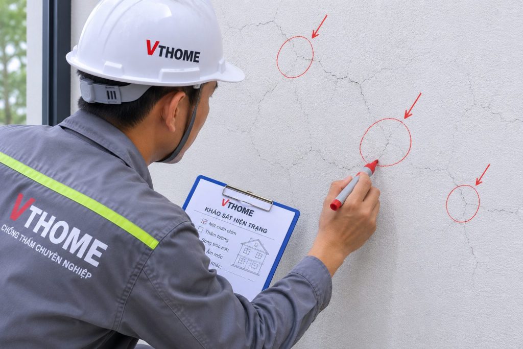 Kỹ thuật VTHOME khảo sát và đánh dấu vị trí nứt, khuyết tật trên bề mặt