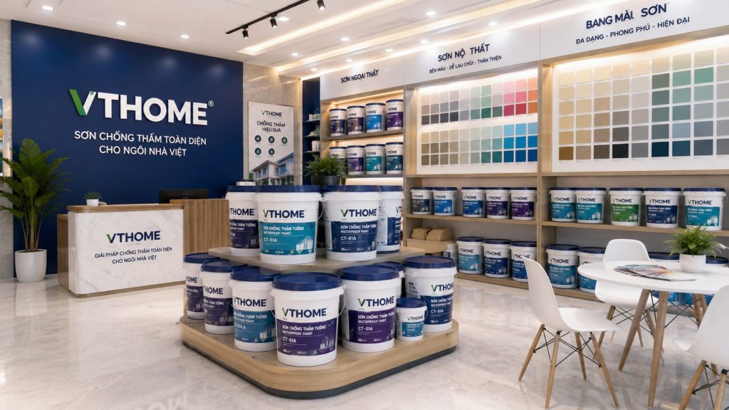 Showroom sơn VTHOME với bảng màu và sản phẩm chính hãng
