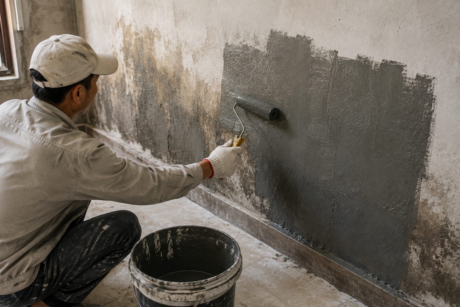 Thợ VTHOME thi công chống thấm ngược mặt trong tường bị thấm