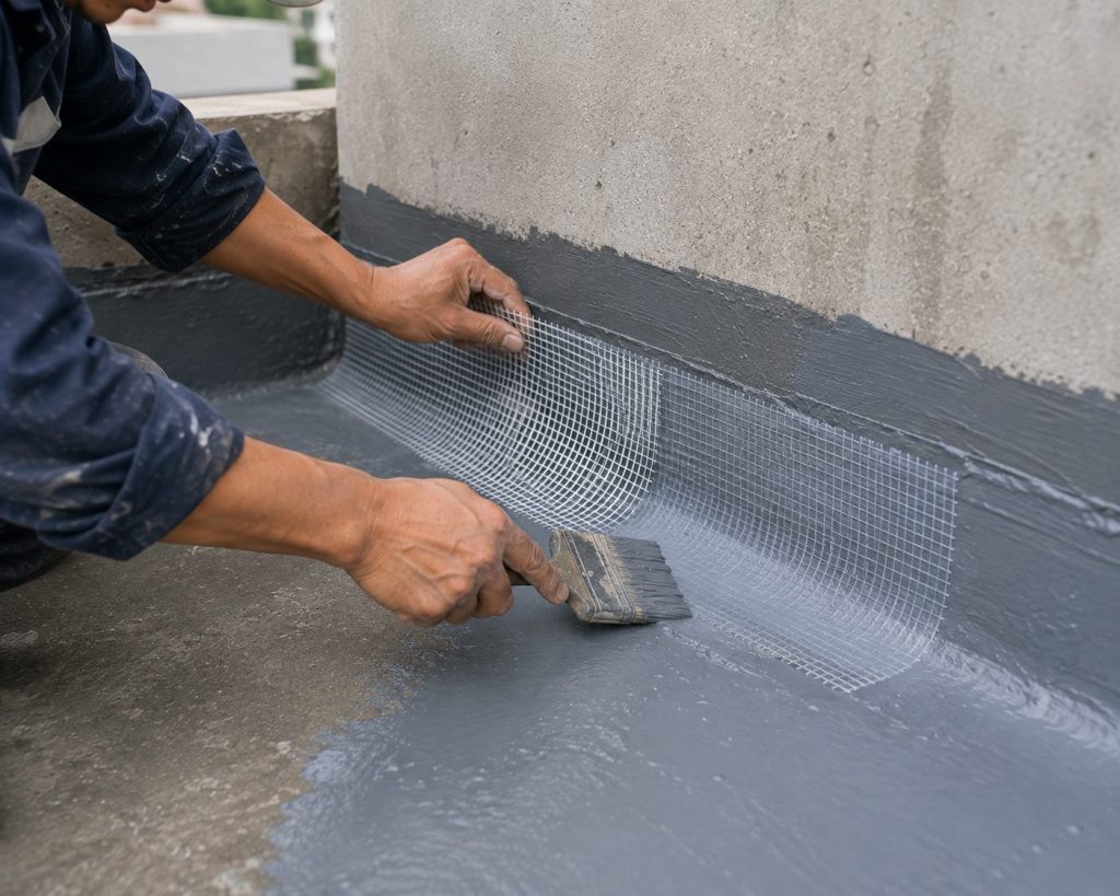 Thợ VTHOME miết lưới gia cường vào lớp chống thấm tại chân tường
