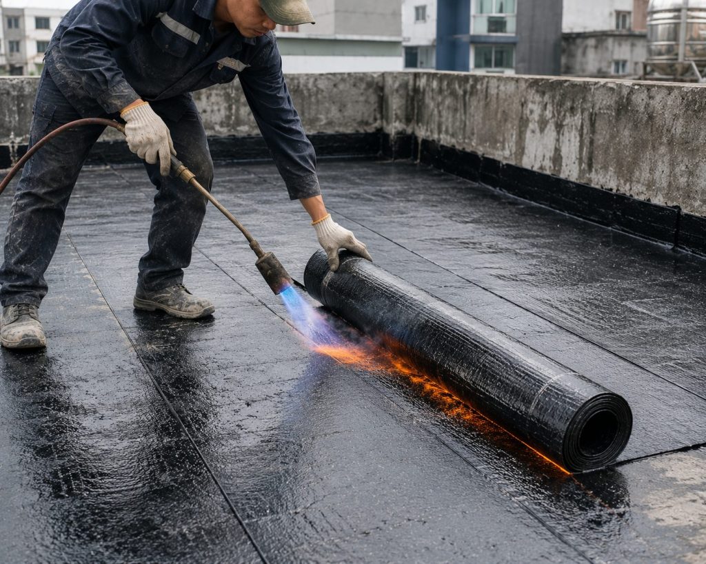 Thợ khò nóng dán màng chống thấm bitum trên sàn mái