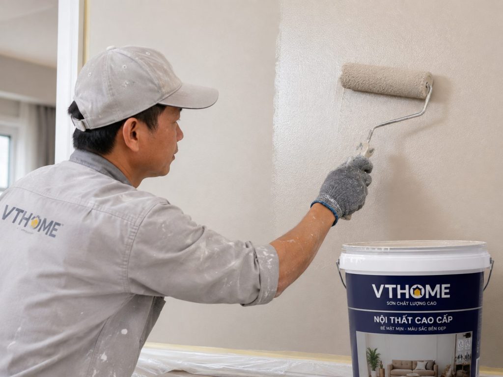 Quy trình sơn nhà đúng kỹ thuật: đủ mấy lớp, chờ bao lâu và cách nghiệm thu từng lớp Thợ lăn lớp sơn phủ hoàn thiện tường nội thất