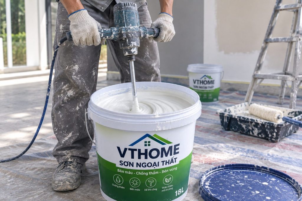 Thợ pha và khuấy sơn bằng máy trước khi thi công