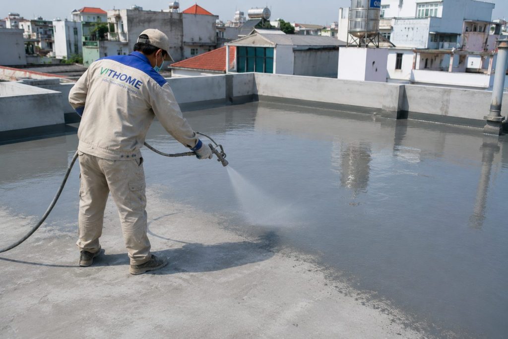 Chống thấm tầng hầm và hầm để xe: Đặc điểm, phương pháp và những điều cần biết Thợ VTHOME phun lớp chống thấm diện rộng bằng máy phun