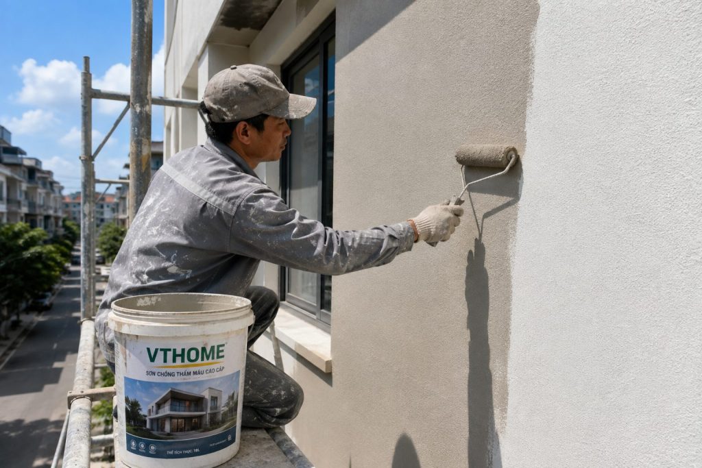 Chống thấm tường ngoài trời nhà phố: vì sao thấm và cách xử lý đúng từ nguyên nhân Thợ lăn sơn chống thấm màu cho tường ngoài trời nhà phố