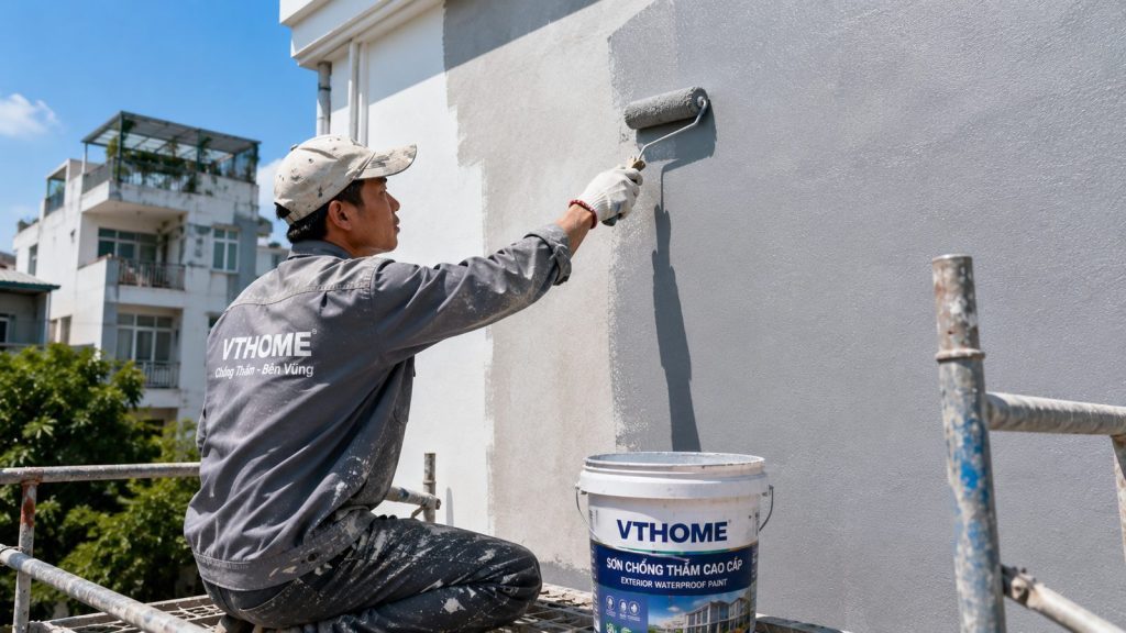 Thợ VTHOME lăn sơn chống thấm tường ngoài nhà phố