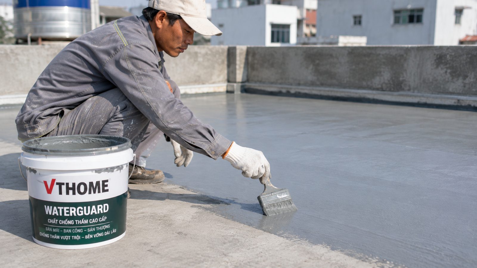Thợ VTHOME thi công lớp chống thấm Waterguard trên sàn mái