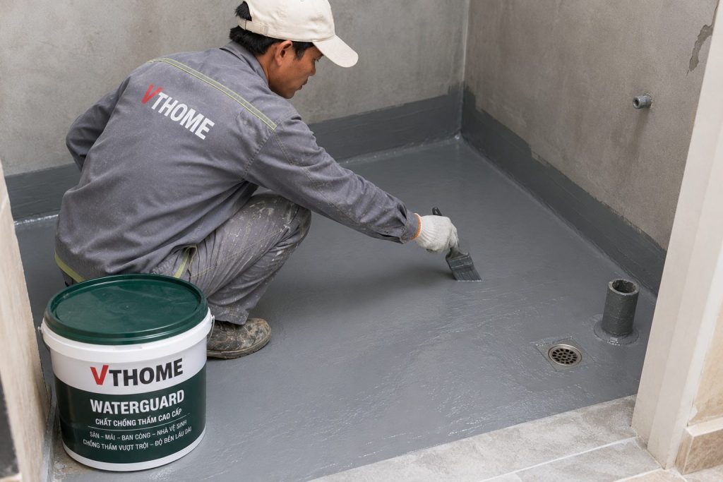 Thợ VTHOME quét chất chống thấm Waterguard lên sàn nhà vệ sinh