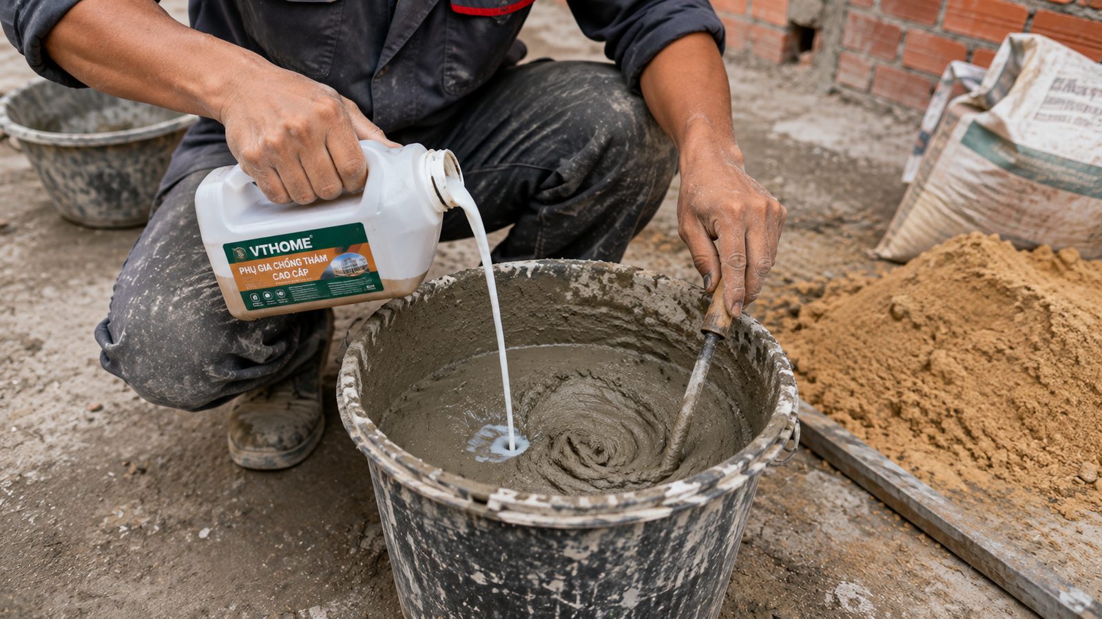 Thợ đổ phụ gia chống thấm VTHOME vào mẻ vữa trộn tại công trình