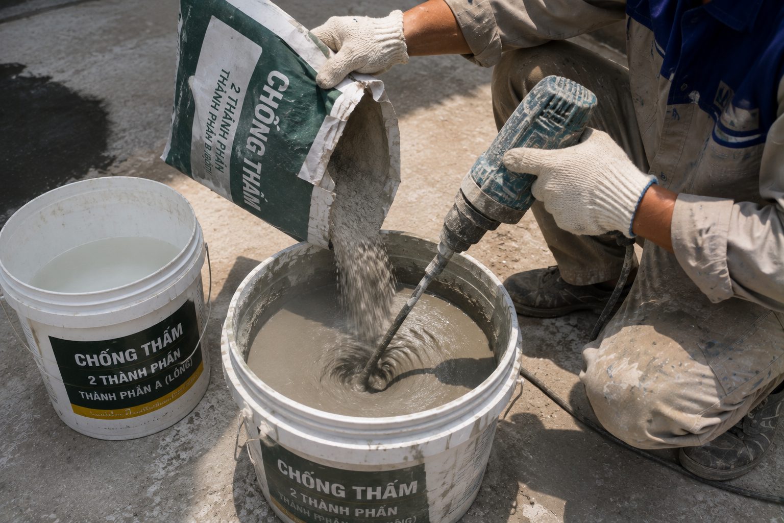 Thợ trộn vữa chống thấm gốc xi măng hai thành phần