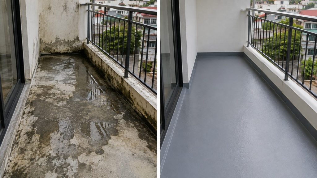 Ban công trước và sau khi chống thấm, không còn đọng nước