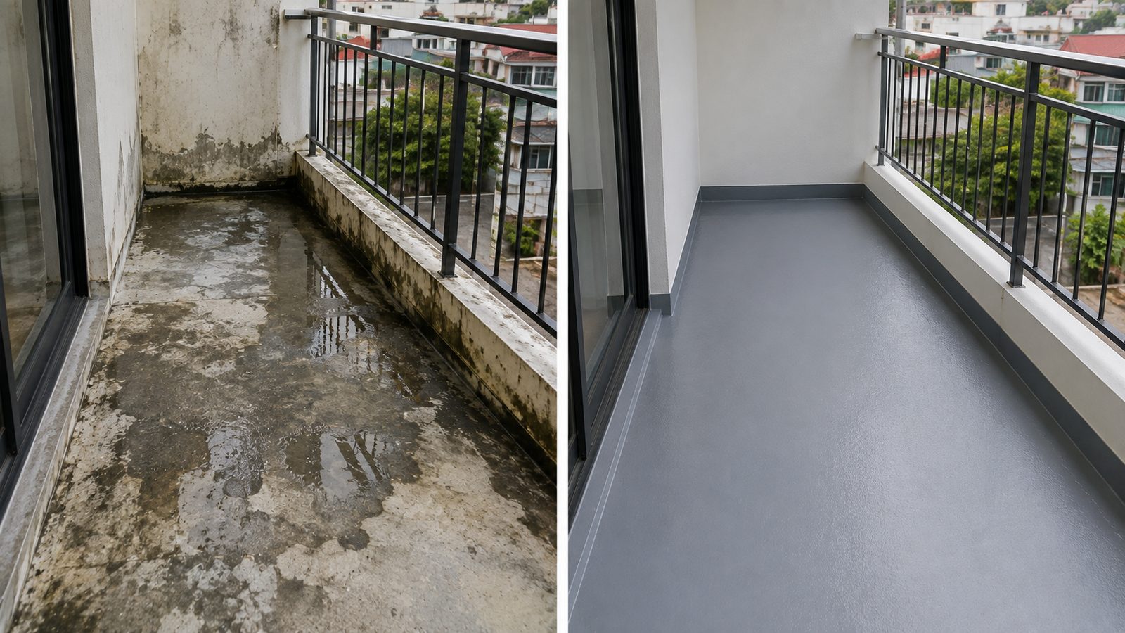 Ban công trước và sau khi chống thấm, không còn đọng nước