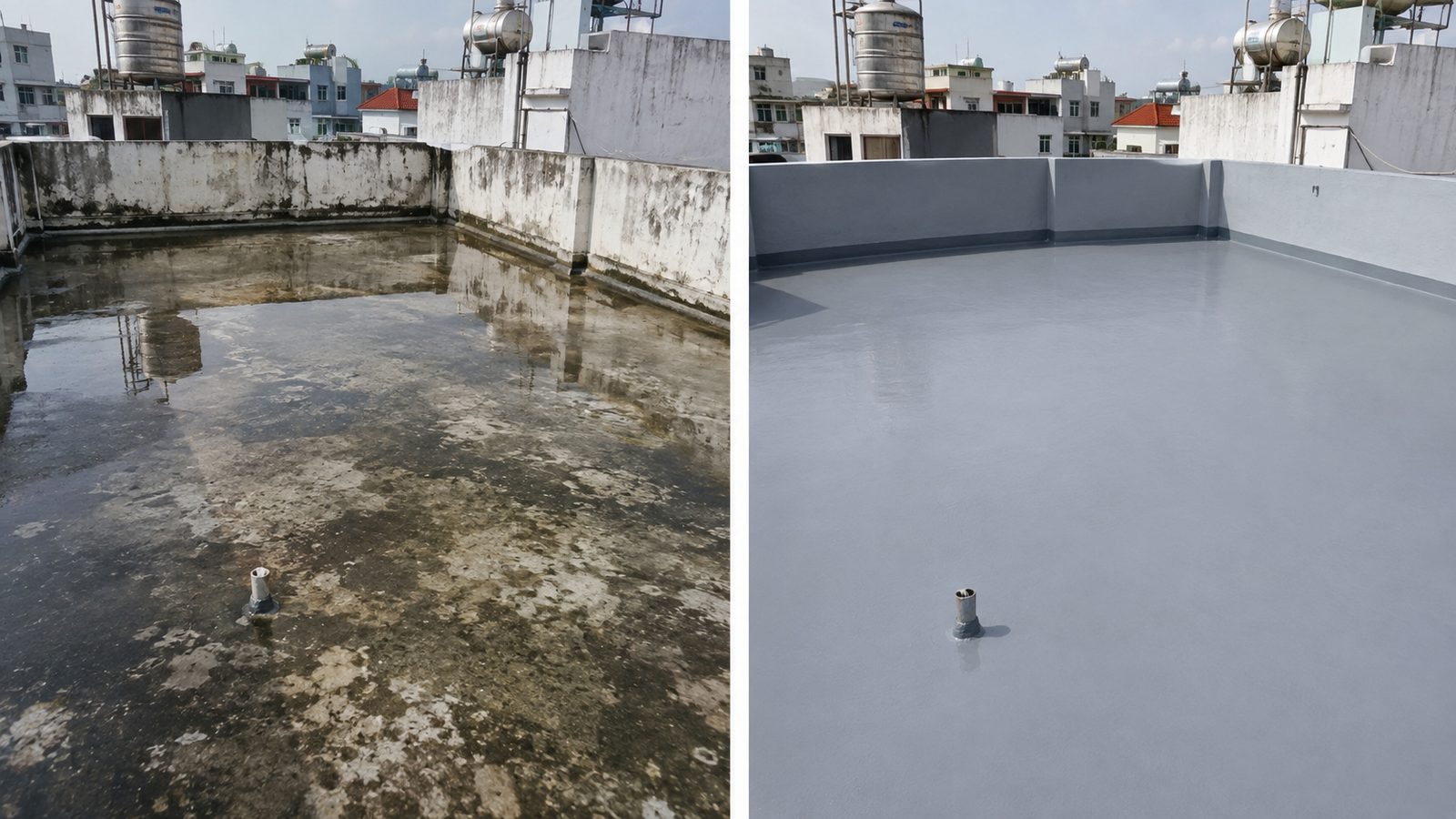 Sàn mái trước và sau khi thi công chống thấm hoàn thiện, bề mặt liền mạch không đọng nước