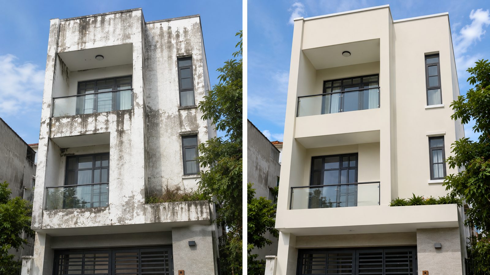 Mặt tiền nhà trước và sau khi phủ lớp sơn chống thấm